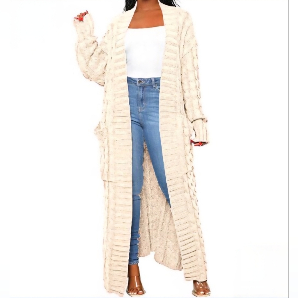 MIRACLE Extra Long Cable Knit Maxi Cardigan with Pockets, Loose Fit Sz S/M
